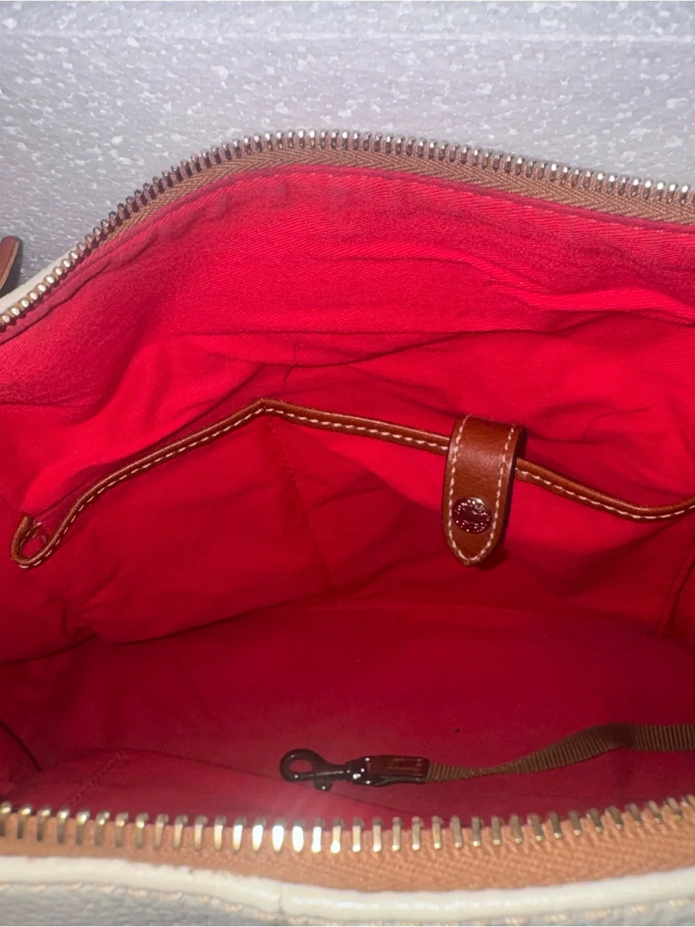 Dooney & Bourke Cream Leather Hobo with Brown Trim and Tassel
